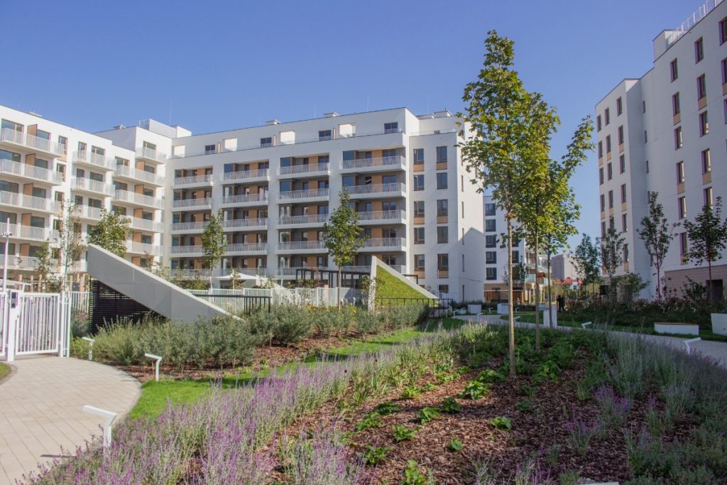Zagospodarowane zielenią patio pomiędzy budynkami osiedla NEOWO 2